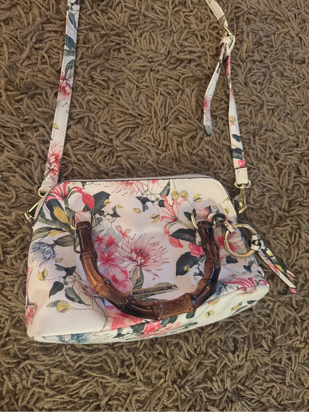 Liz Claiborne White Floral Crossbody Bag with Brown Bamboo-Style Handles
